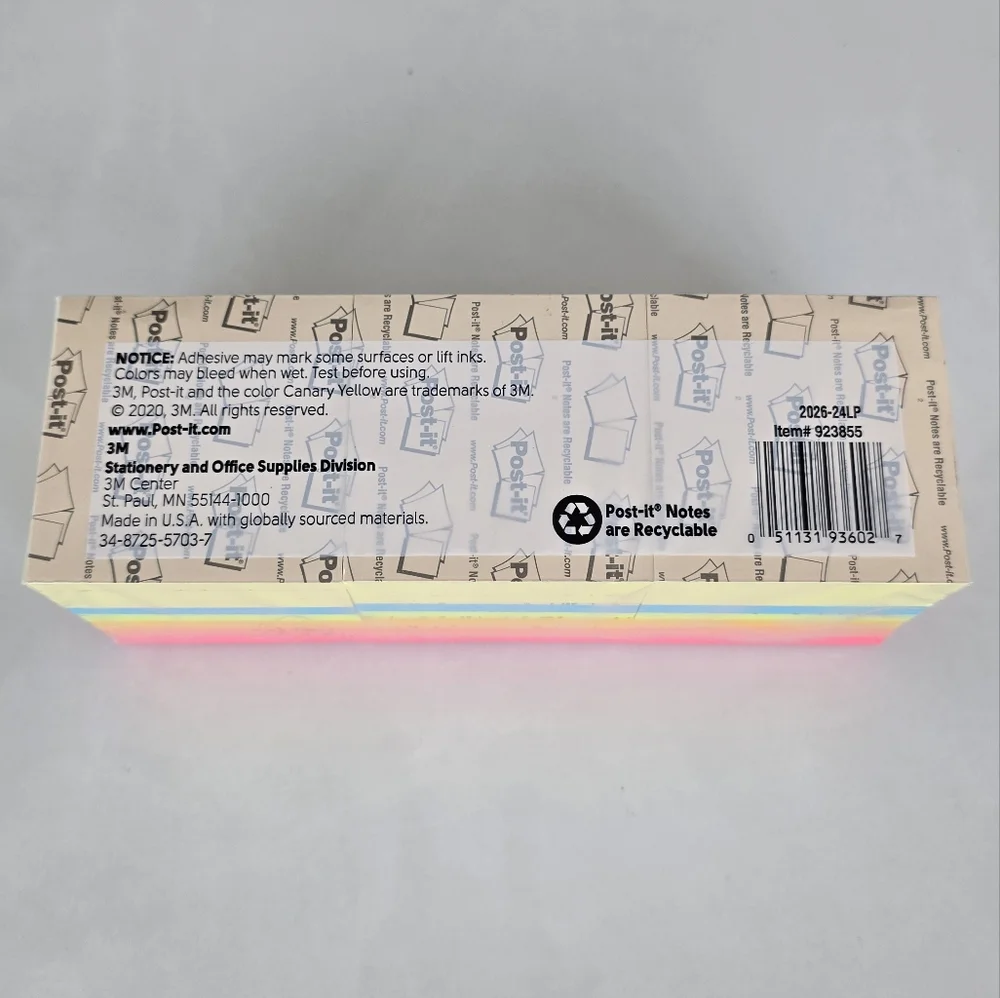 NWT Post-it Notes Large Pack Of 24 Pads - Pink, Orange, Yellow, Green And Blue